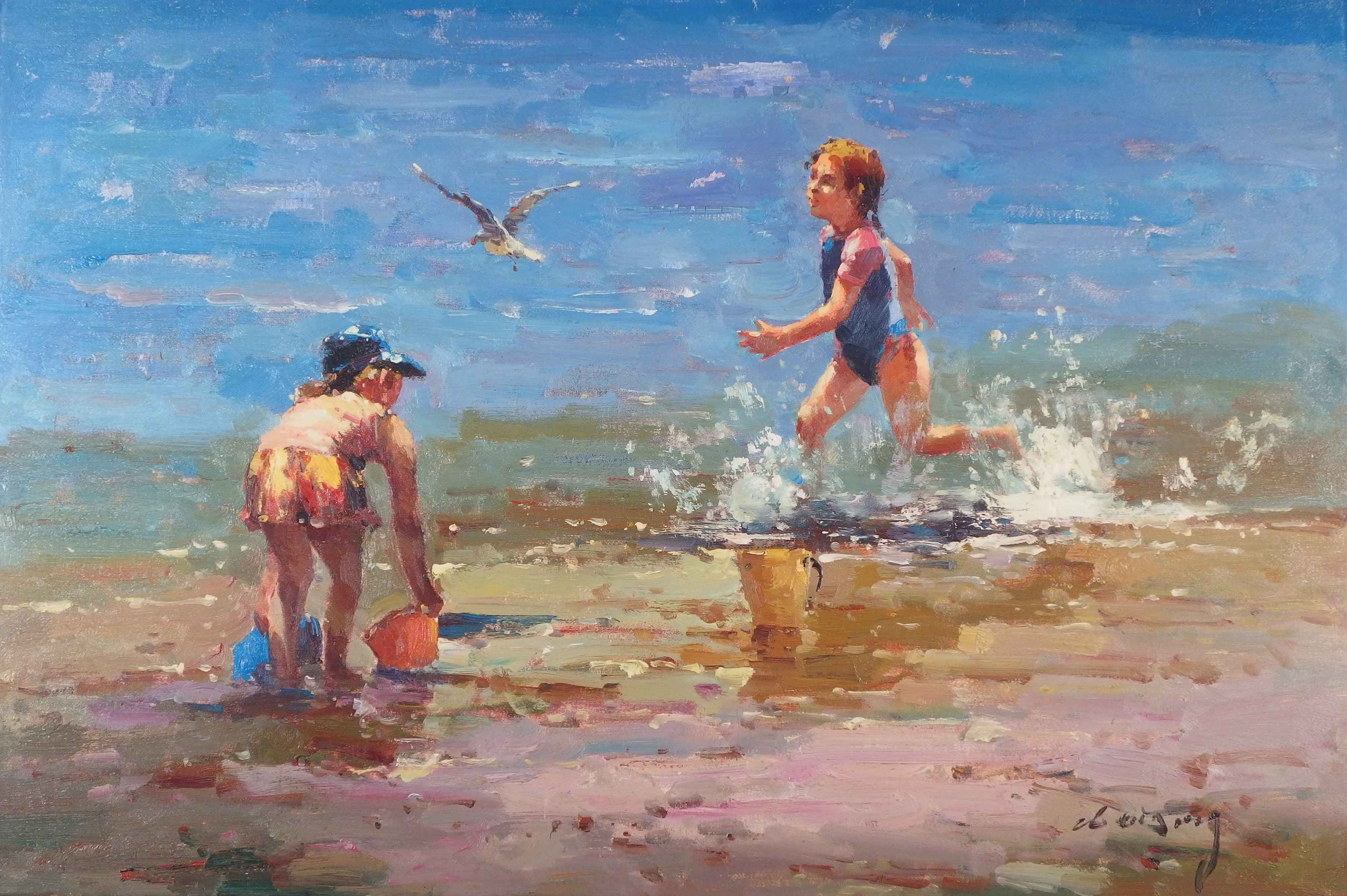 Ölbild Mädchen am Strand Meer Kind Sandstrand Keilrahmen Bild 90x60cm.