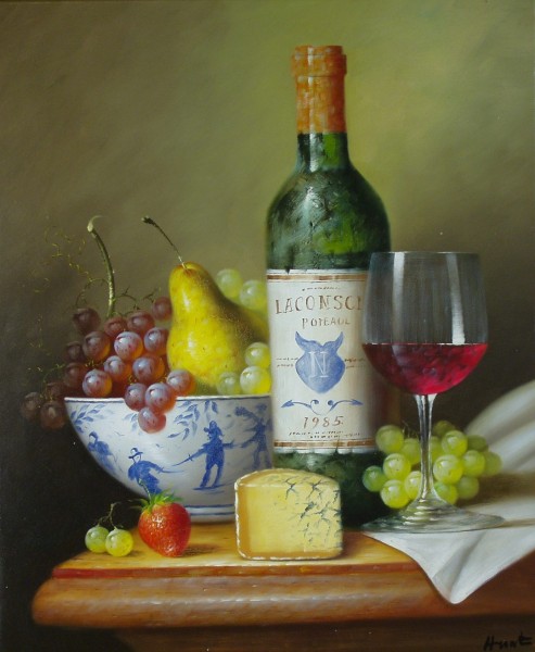 Stillleben mit Wein und Käse